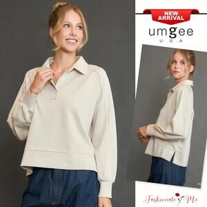 Umgee Collared Neck Long Sleeves Raw Hem Details Side Slit Sweatshirt | Ecru